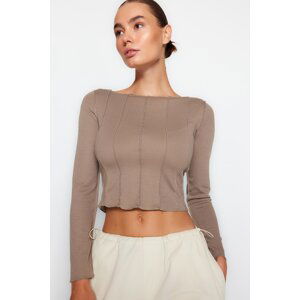 Trendyol Beige Stitching Detail Carmen Collar Fitted/Situated Ribbon Knitted Blouse