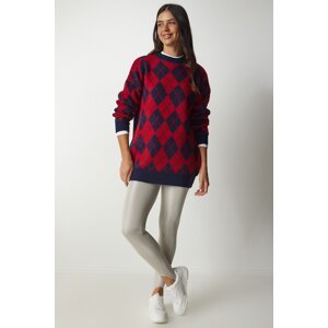 Happiness İstanbul Women's Red Diamond Pattern Oversize Knitwear Sweater