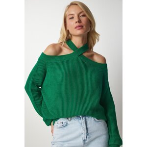 Happiness İstanbul Women's Dark Green Open Shoulders Knitwear Sweater