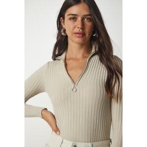 Happiness İstanbul Women's Beige Zipper Stand Up Collar Corduroy Knitwear Blouse