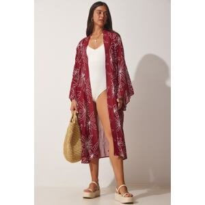 Happiness İstanbul Women's Claret Red Embroidery Long Tulle Kimono
