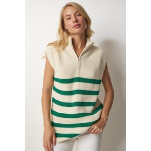Happiness İstanbul Women's Cream Green Zippered Collar Striped Sweater