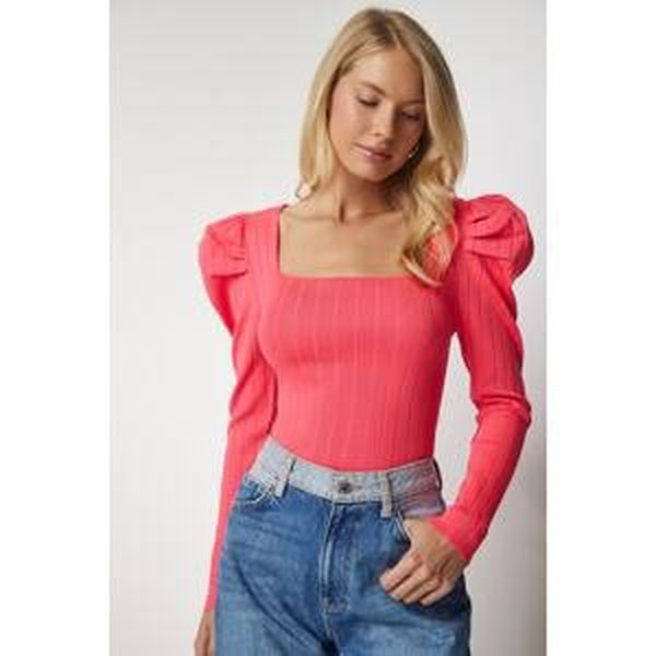 Happiness İstanbul Women's Pink Square Collar Corduroy Knitwear Blouse