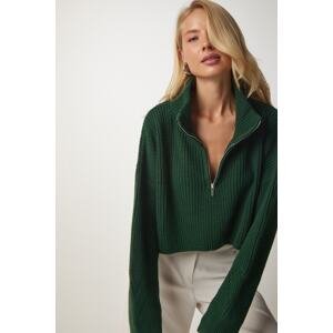 Happiness İstanbul Women's Emerald Green Zipper Turtleneck Knitwear Sweater