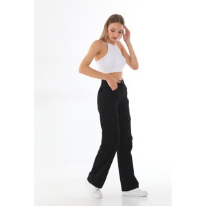 BİKELİFE Women's Black High Waist Multi Pocket Straight Fit Cargo Pants