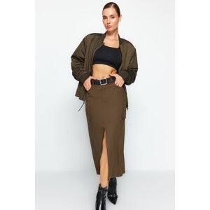 Trendyol Khaki Front Slit Detail Midi Woven Skirt