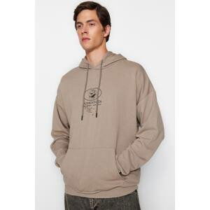 Trendyol Mink Men's Oversize/Wide-Cut Hoodie with Mystical Printed on the Front/Back, Thick Cotton Sweatshirt.