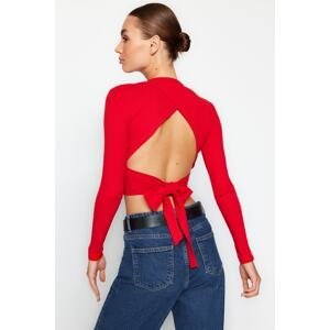 Trendyol Red Backless Tie Detailed Fitted Crew Neck Crop Corded Knitted Blouse
