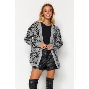 Trendyol Gray Oversized Midi Soft-Texture, Patterned Knitwear Cardigan