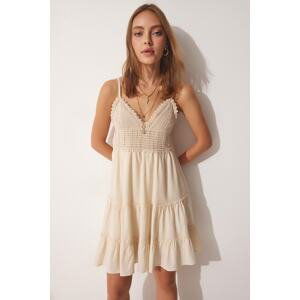 Happiness İstanbul Women's Cream Straps, Guipure Knitted Knitted Dress