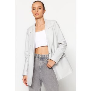 Trendyol Gray Faux Leather Regular Lined Double Breasted Closure Woven Blazer Jacket