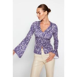 Trendyol Purple Printed Slim Pleated Fitted Shirt Collar Flexible Knitted Blouse