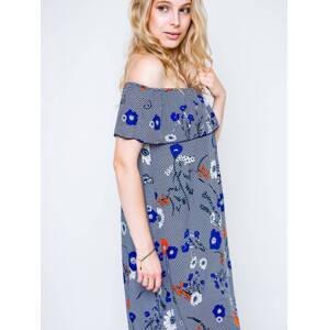 Dress with a carmen neckline decorated with a print in flowers and butterflies navy blue