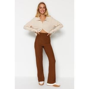Trendyol Brown Textured High Waist Straight Fit/Straight Leg Stretchy Knit Pants