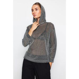 Trendyol Anthracite Oversize/Wide-Wide Hooded Shiny Tulle Knitted Sweatshirt