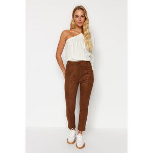 Trendyol Brown Suede High Waist Stitching at the Front Knitted Leggings