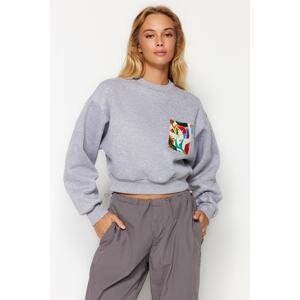 Trendyol Gray Melange Fleece Inside Printed Crew Neck Relaxed Cut Crop Knitted Sweatshirt