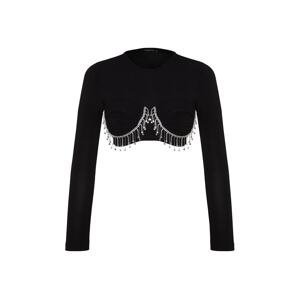 Trendyol Black Crop Knitted Blouse with Shiny Stones