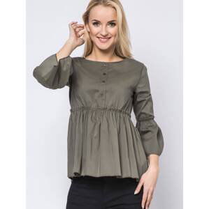 Blouse with frills and lace-up khaki neckline