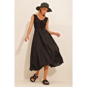 Trend Alaçatı Stili Women's Black V-Neck Front Lace Up Lined Dress