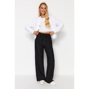 Trendyol Black Striped Belt Detail Straight/Straight Flexible Knit Pants