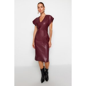 Trendyol Burgundy Faux Leather V-Neck Midi Woven Dress
