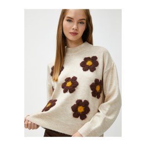 Koton Floral Knitwear Sweater Crew Neck Long Sleeve Ribbed