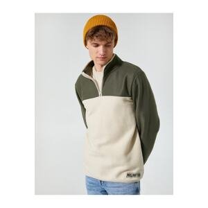 Koton Fleece Sweatshirt Half Zipper Color Block Slogan Detailed