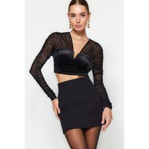 Trendyol Black Draped Velvet Tulle Blouse