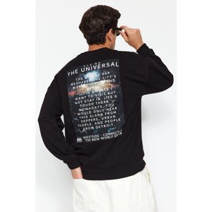Trendyol Black Men's Oversize/Wide-Fit Crew Neck Galaxy Printed Cotton Sweatshirt.