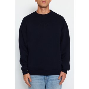 Trendyol Men's Navy Blue Oversize/Wide-Fit Bear Animal Embroidery Cotton Fleece Sweatshirt