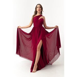 Lafaba Women's Burgundy One Shoulder Slit Long Evening Dress