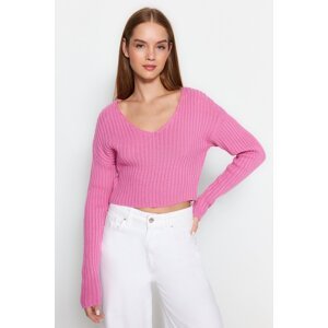 Trendyol Pink Crop Basic V-Neck Knitwear Sweater