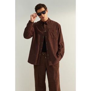 Trendyol Limited Edition Men's Brown Velvet Oversize Thick Winter 100% Cotton Shirt