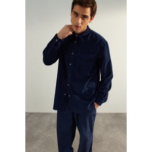 Trendyol Limited Edition Navy Blue Velvet Oversize Thick Winter 100% Cotton Shirt