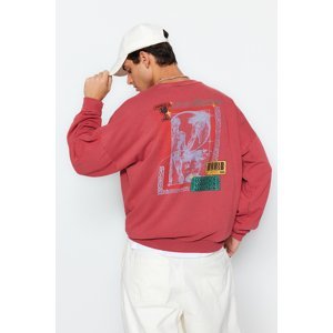 Trendyol Dried Rose Men's Oversized Wash-Effective Cotton Sweatshirt with a Printed Back.