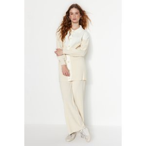 Trendyol Light Beige Color Block, Ribbed Cardigan-Pants, Sweater Top-Upper Set
