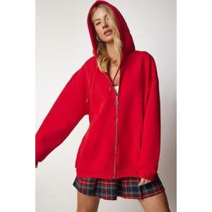 Happiness İstanbul Women's Red Hoodie with Zipper Oversized Sweatshirt