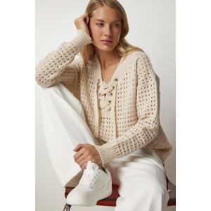 Happiness İstanbul Women's Cream Collar Lace-Up, Openwork Knitwear Sweater