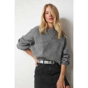 Happiness İstanbul Women's Gray Basic Knitwear Sweater with Balloon Sleeves