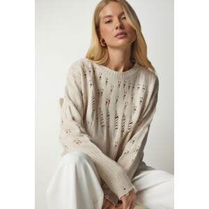 Happiness İstanbul Women's Beige Torn Detailed Knitwear Sweater