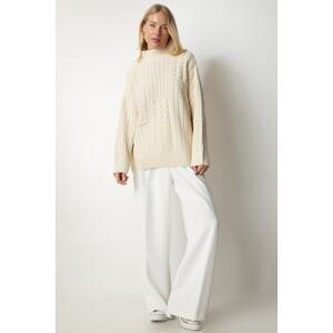 Happiness İstanbul Women's Cream Knitted Pattern Stand Knitwear Sweater