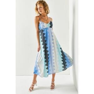 Olalook Women's Blue Straps Patterned Midi Dress