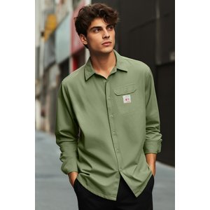 Trendyol Men's Khaki Relaxed Comfortable Fit Label Detailed Single Pocket Gabardine Textured Shirt Jacket