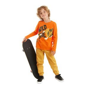 Denokids Wild One Boys' Orange T-shirt, Mustard Gabardine Pants Set.