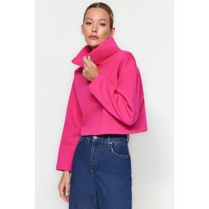 Trendyol Fuchsia, Relaxed-Cut Crop Stand-Up Collar Snap fasteners, Fleece Inside, Knitted Sweatshirt