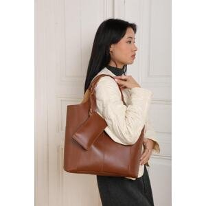 Madamra Tan Women's Hand and Shoulder Bag with Side Pockets and Wallet Detail