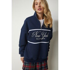 Happiness İstanbul Women's Navy Blue Zipper Collar Printed Shark Sweatshirt