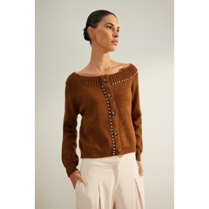 Trendyol Limited Edition Brown Soft Textured Carmen Collar Knitwear Cardigan.