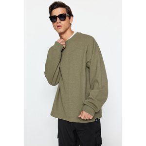 Trendyol Light Khaki Men's Oversized Label Detailed Long Sleeve Textured Cotton Sweatshirt.